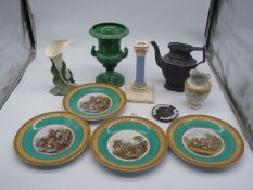 A small quantity of china including a Dartmouth urn,black Wedgwood Jasperware ashtray,