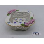 A pretty Herend porcelain dish with trellis sides and applied blossoms to rim corners and blue