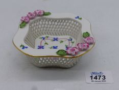 A pretty Herend porcelain dish with trellis sides and applied blossoms to rim corners and blue