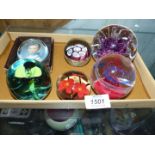 Six colourful paperweights to include; portrait, millefleur, two flower, bubble and swirl.