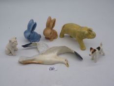 A Beswick wall hanging Seagull, 10" long x 7" high, two Sylvac rabbits, Terrier dog, etc.