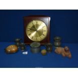 A Metamec quartz wall clock, pewter inkwell and four tankards, etc.