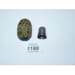A French bead thimble case with silver thimble.