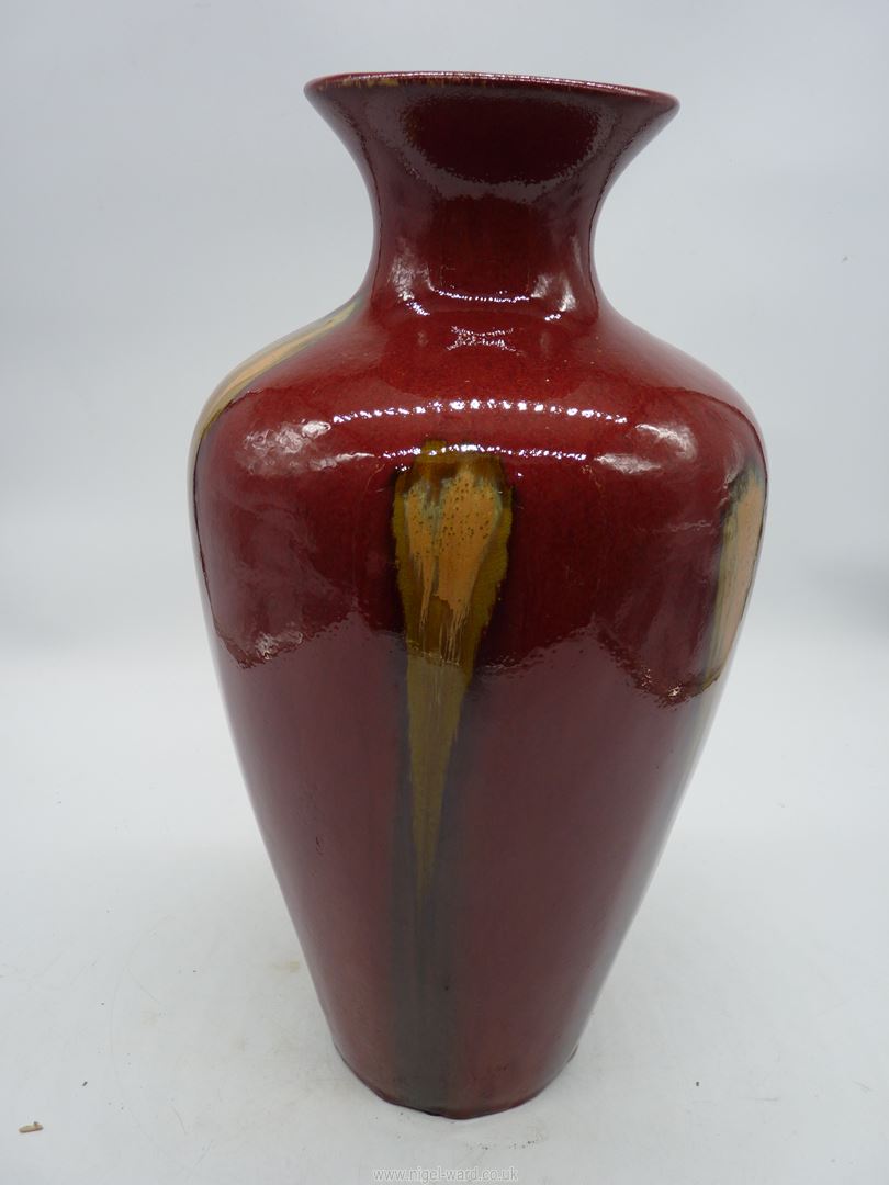 A contemporary red glazed vase with green streaks, 16'' tall. - Image 4 of 8
