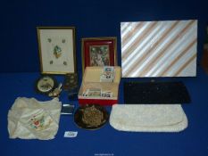 A quantity of miscellanea including two evening purses in a Bloomingdales box, cigarette cards,