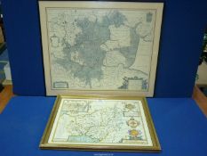 Two framed prints of maps including The Fens and 'Caermarden Both Shyre and Towne defcribed',