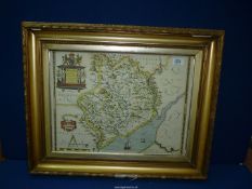 A framed Print of Saxton Map of Monmouthshire, 19" x 13".