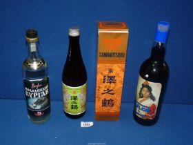 Three bottles of alcohol, 'Sawanotsurin' sake (boxed), 'Dulce, Espadafor,