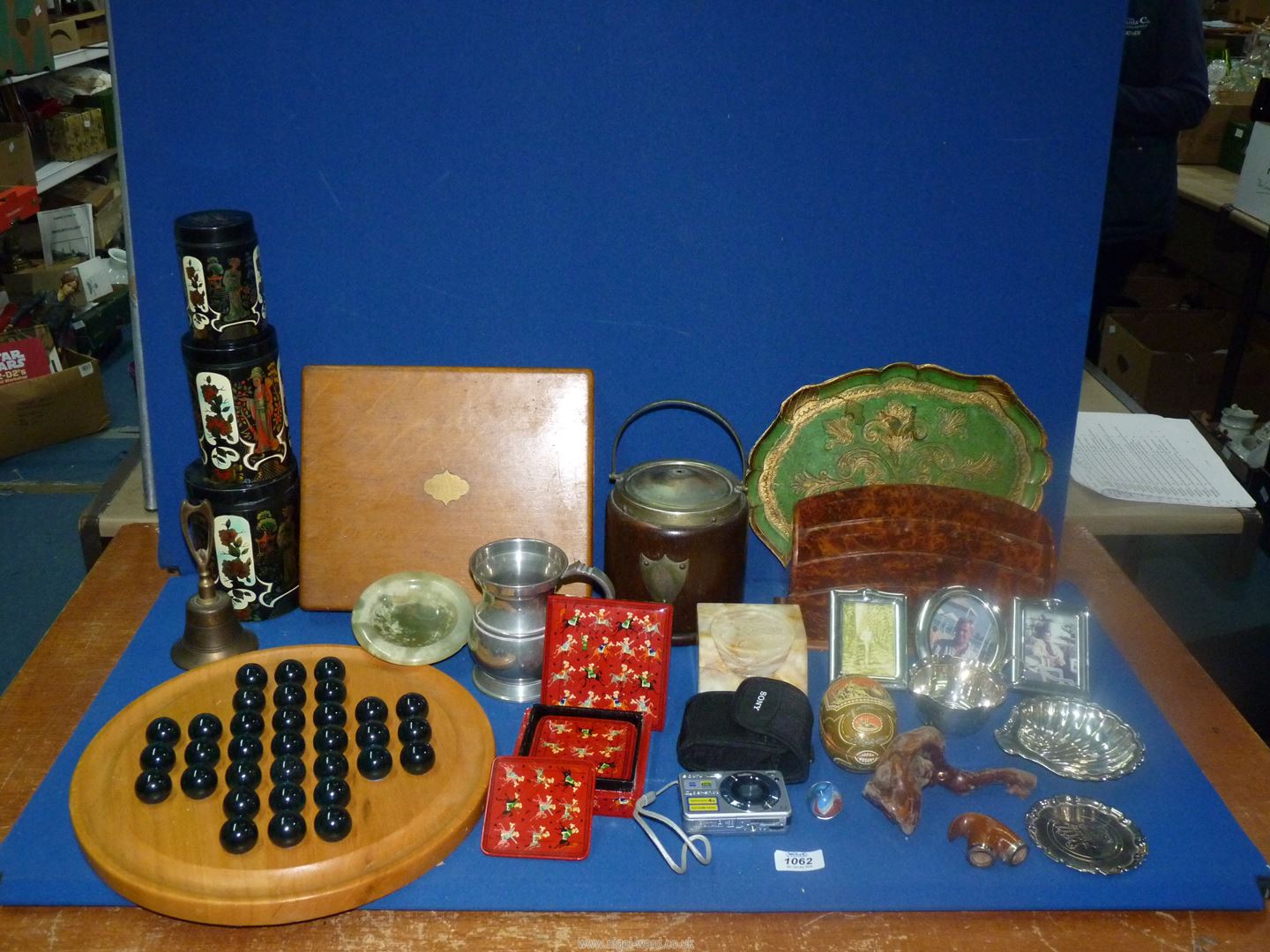 A quantity of miscellanea including a letter rack, bell, oriental tea tin, onyx dish etc. - Image 2 of 2