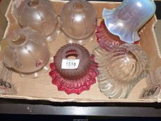A quantity of small glass shades including pair of cranberry, vaseline glass, plain fluted, etc.