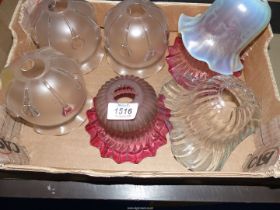 A quantity of small glass shades including pair of cranberry, vaseline glass, plain fluted, etc.