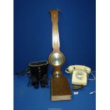 A quantity of miscellanea including barometer, dial telephone, 8 x 40 cased binoculars,