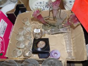 An Epergne with three cranberry flutes, Caithness vase, Royal Brierley bud vase, old glasses etc.