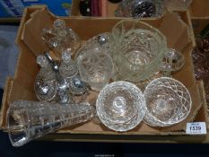 A quantity of glass including sundae dishes, cruet set and stand, sauce boat, vase, etc.