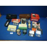 A box of Photographic and other accessories including a boxed Weston Master Cine Exposure Meter in