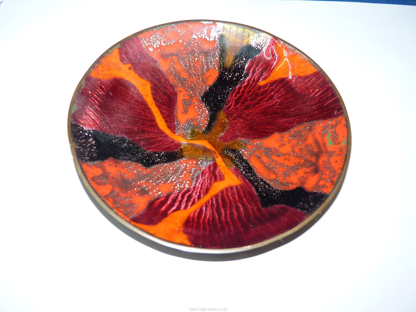 A 'Handerbeid Balestrand Norge', painted enamelled dish on copper, small nick to the rim,