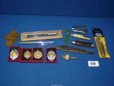 A small quantity of miscellanea including a silver anointing spoon, penknives, boxed Parker pen,