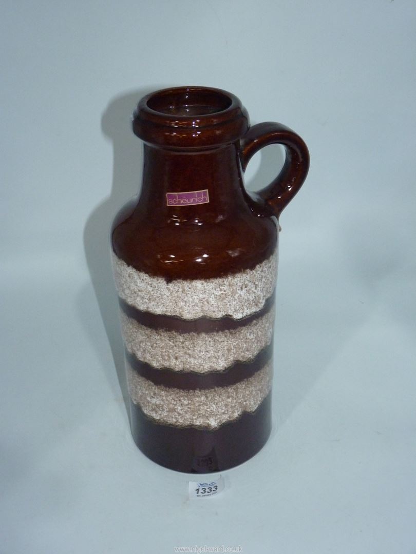 A West German Scheurich pottery vase in brown with white bands, 14'' tall. - Image 2 of 3