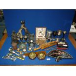 A quantity of miscellanea including goblets, tankards, miniature clocks, oriental figure etc.