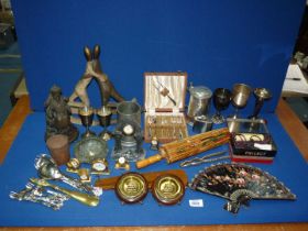 A quantity of miscellanea including goblets, tankards, miniature clocks, oriental figure etc.