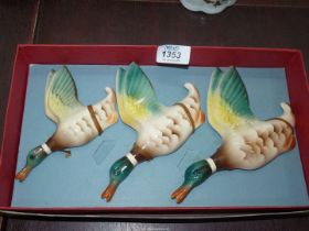 A set of three china flying duck wall plaques, boxed.