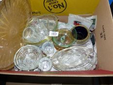 A quantity of glass including gravy boat and stand, pressed glass fruit bowls, shot glasses etc.