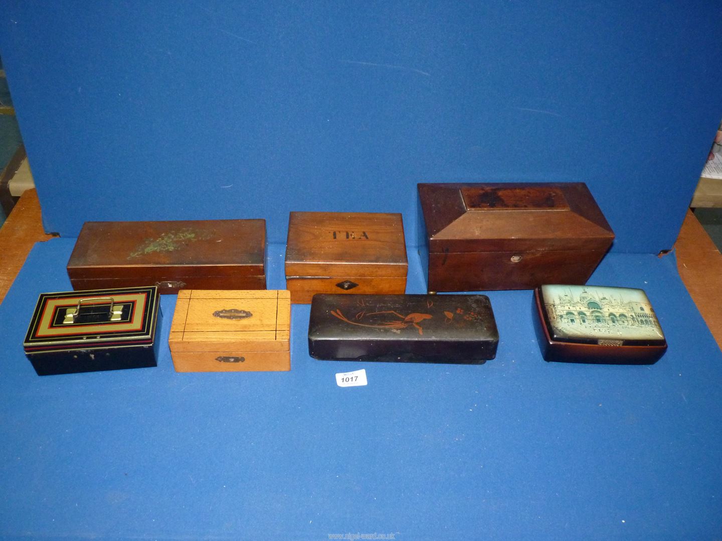 A quantity of boxes including tea caddy, tea caddy on brass feet,