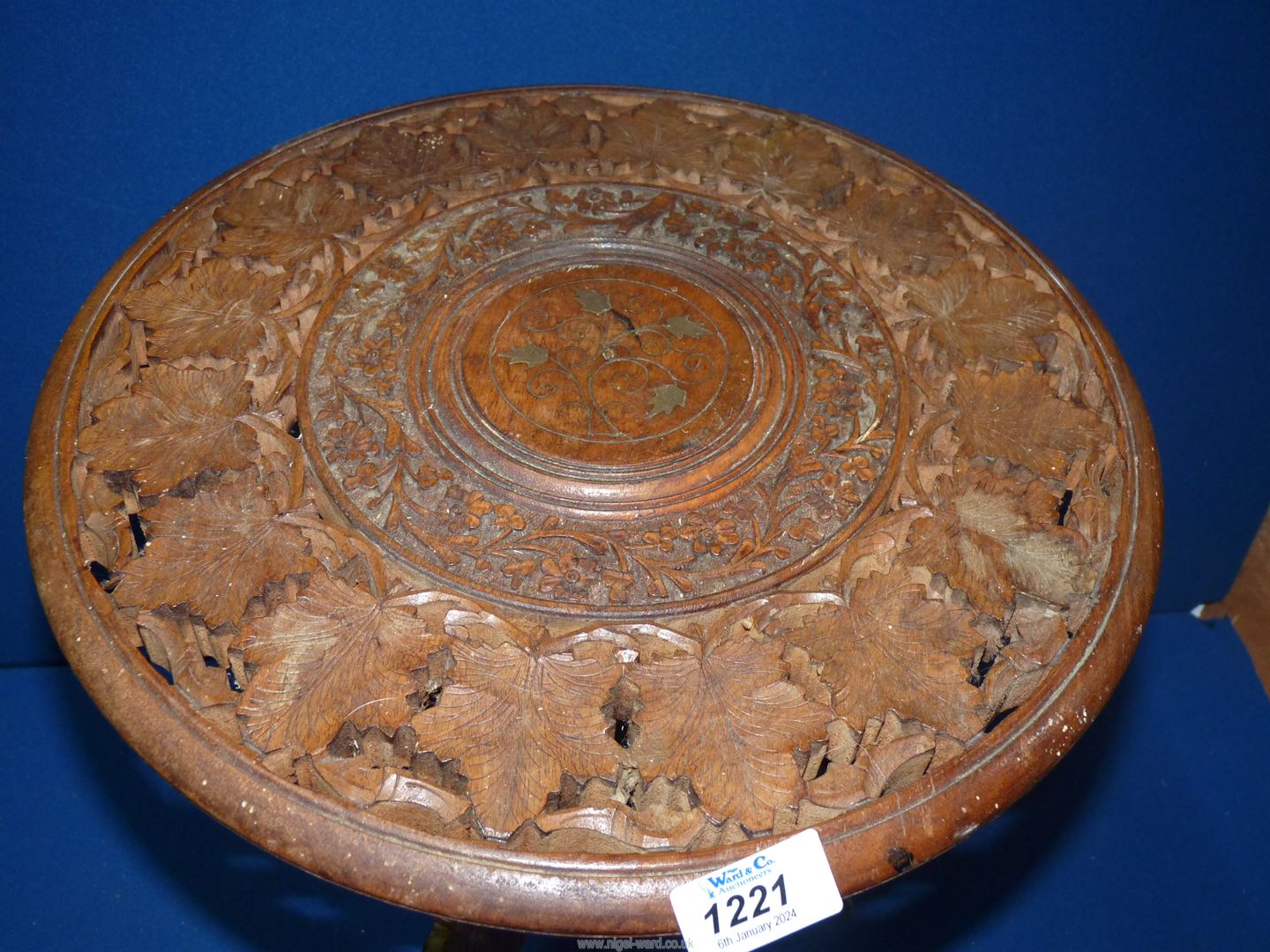 A foliate carved three legged Occasional table (fixed base), 15'' diameter x 15'' high. - Image 2 of 2