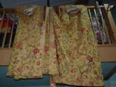 Two pairs of heavy curtains, gold with red camellia pattern, including ties,