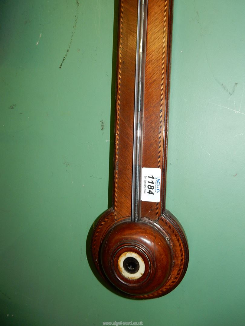 A mixed woods Mercury stick Barometer with light and dark-wood rope-style strung decoration and - Image 5 of 5