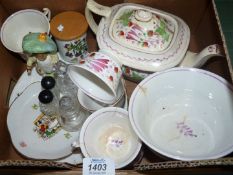 A quantity of china including old Welsh Gaudy teacups, saucers and teapot, Coalport plate,