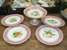 A part dessert set with hand painted floral decoration and pink rims consisting of a tazza and four