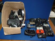 A box of film cameras including Pentax, Olympus, Chinon, Sony Handycam etc.
