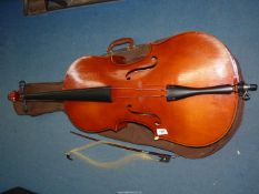 A Hungarian made Cello and bow, a/f., in soft case, 44" tall.