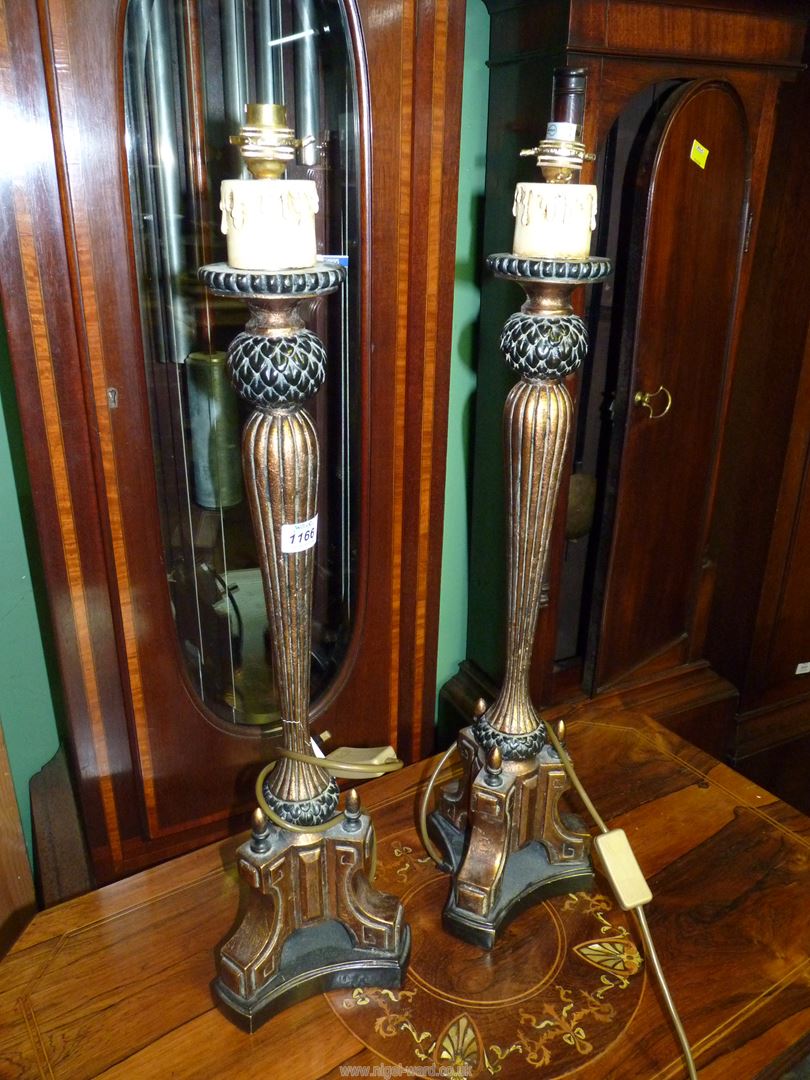 A pair of table Lamp bases with reeded columns and pineapple style detail with a triple effect base - Image 2 of 2