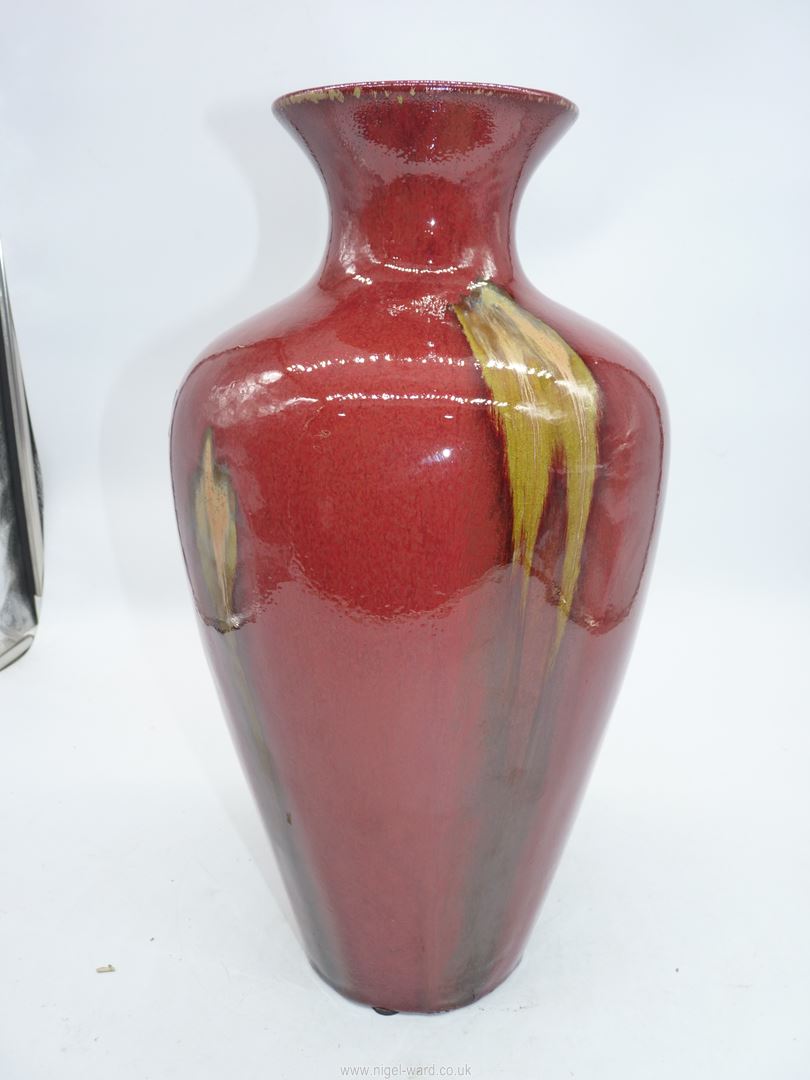 A contemporary red glazed vase with green streaks, 16'' tall. - Image 3 of 8