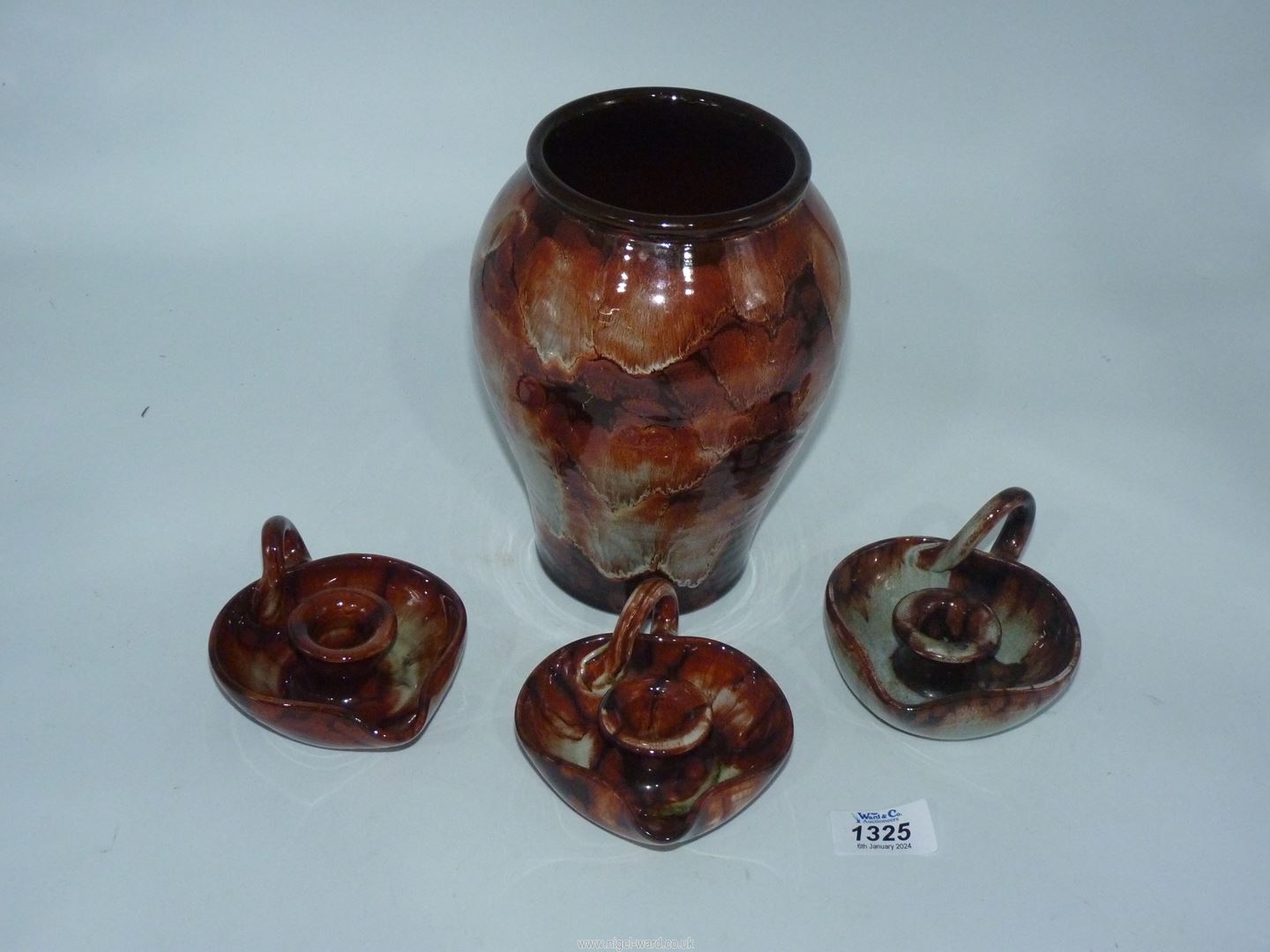 Four Ewenny Pottery pieces including three chamber sticks and a vase. - Image 2 of 3