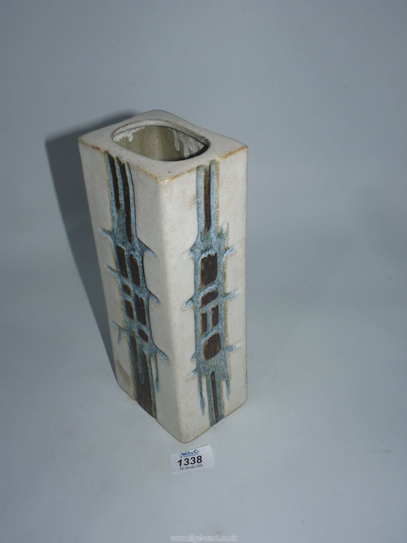 A Cornish Tolcarne pottery vase in square shape with blue and brown geometric pattern on a white - Image 2 of 3