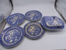 Four blue and white china dinner plates and a tureen, cracks and crazing.