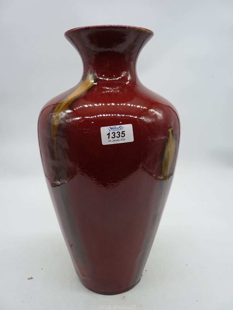 A contemporary red glazed vase with green streaks, 16'' tall. - Image 2 of 8