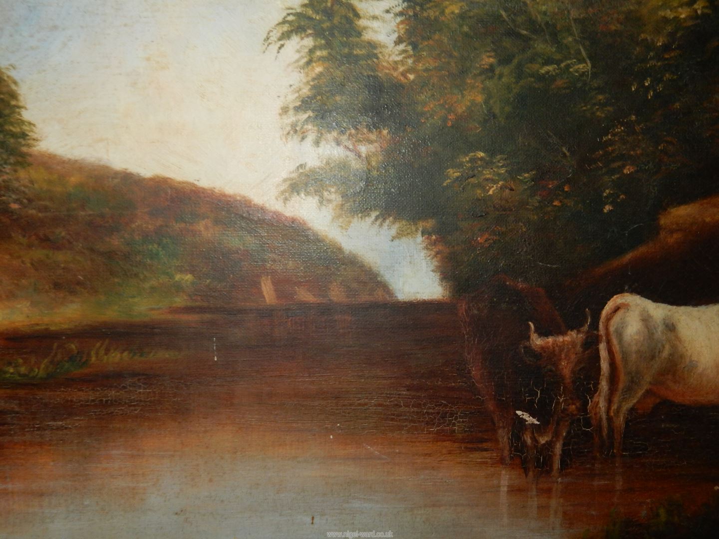 A framed Oil on canvas of cattle drinking from a river as a young cattle herder sits beneath the - Image 4 of 4