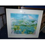 A large Anuela Veal? Lithograph of a continental landscape of farmhouse,