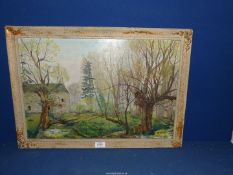 A framed Oil on board of a country landscape of a wood with a stream flowing through and a Mill to