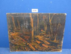 An unframed Oil on board of a dark woodland scene with a figure sitting on a log,