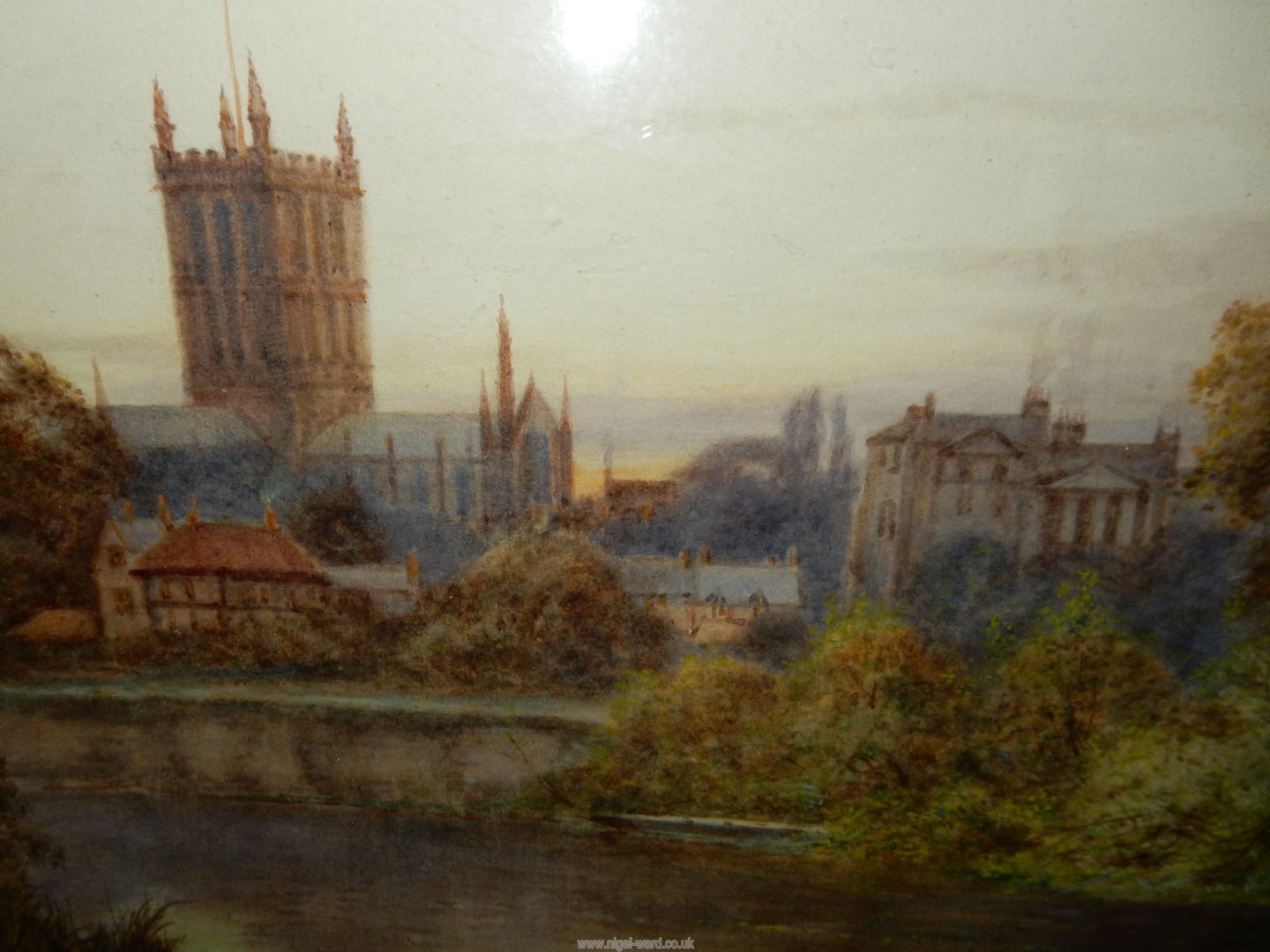 A framed and mounted Watercolour of Hereford Cathedral from across the River Wye, - Image 3 of 6