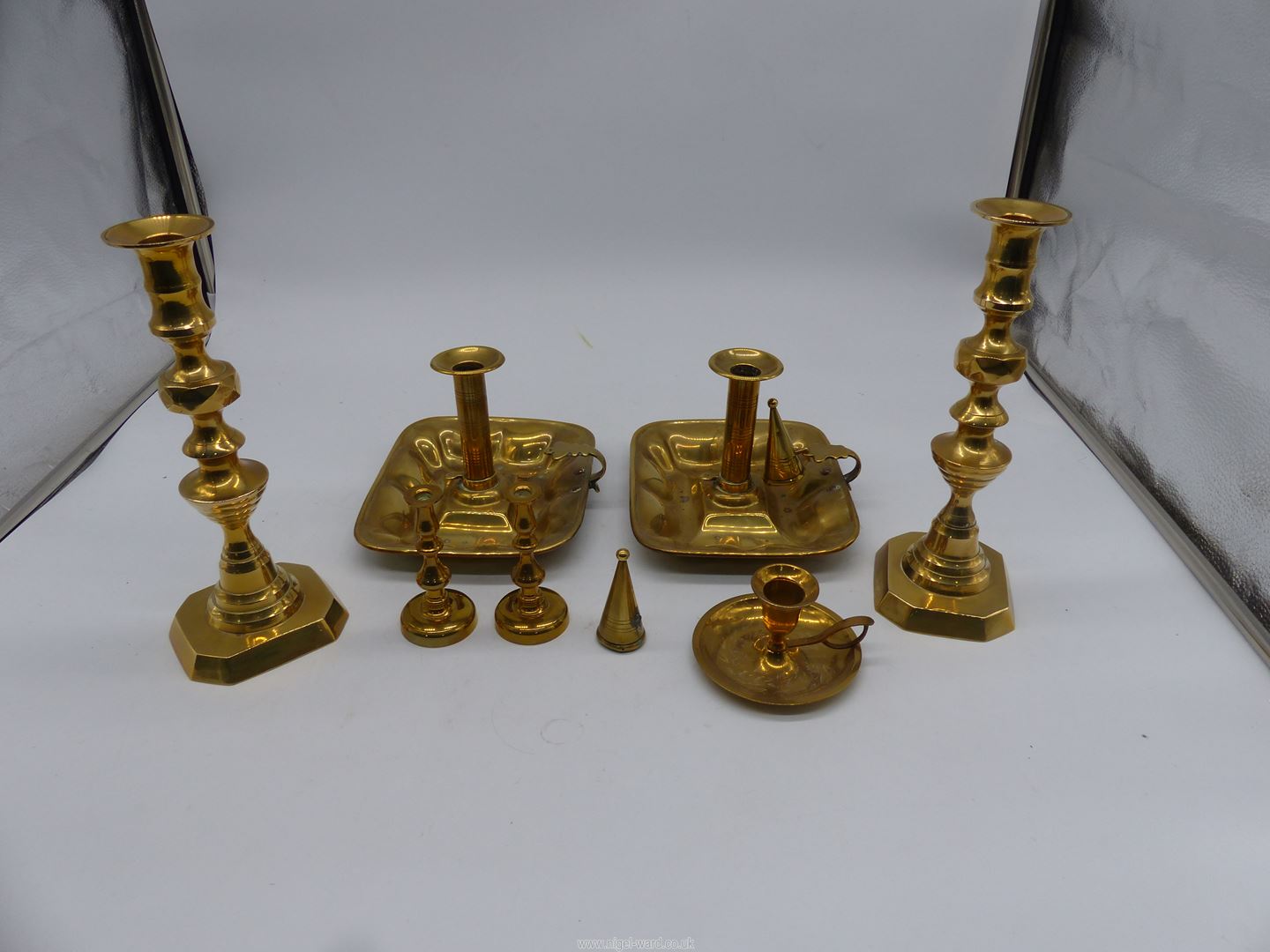 A quantity of candlesticks with pushers and chamber sticks with snuffers. - Image 3 of 3