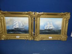 A pair of ornate framed (a/f) Oils on canvas of tall ships, signed lower right R.