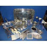 A quantity of plated items including toast rack, dinner knives, small tray, fruit bowl,