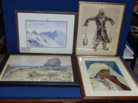 Four original art works, 'Alderney' watercolour by George Bain,