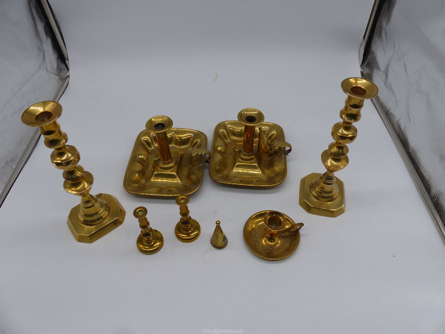A quantity of candlesticks with pushers and chamber sticks with snuffers. - Image 2 of 3